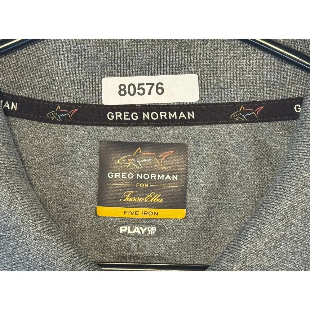 Greg Norman Tasso Elba Five Iron Polo Shirt Mens Large Gray Play Dry Golf Shark